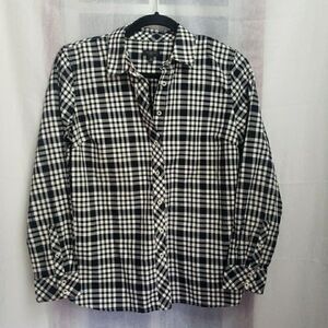 Talbots Women's PS Top Black White Plaid Cotton Shirt Button Up Long Sleeved